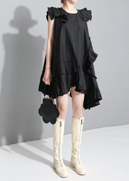 Summer Black Sleeveless Pleated Ruffles Dress