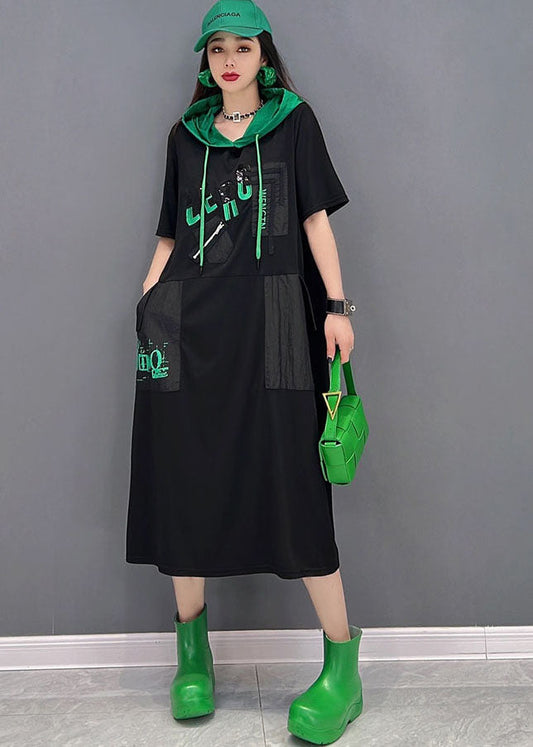 Black Colorblock Hooded Cotton Sweatshirts Dress Short Sleeve