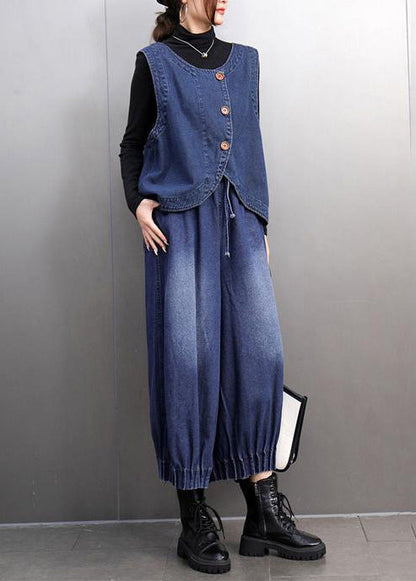 Navy Oversized Denim Vests and Harem Pants Two Pieces Set Summer