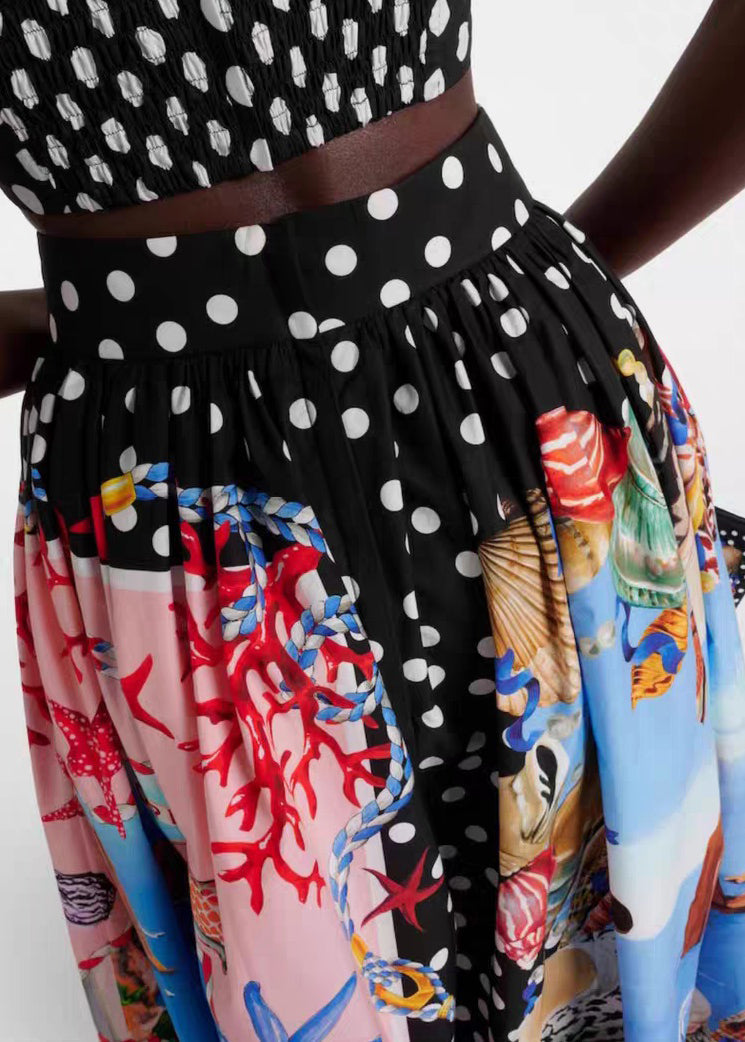 Black Dot Print Pockets Cotton Skirts Summer