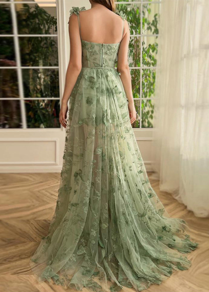 Green Butterfly Side Open Tulle Maxi Dresses Sleeveless Summer