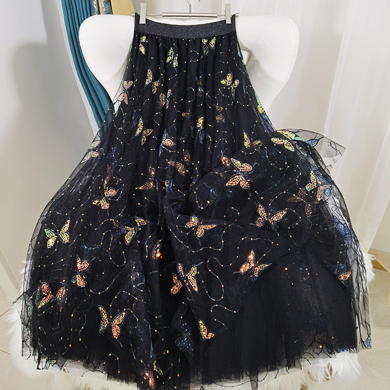 Black Embroidery Butterfly Sequins Tulle Summer Skirts