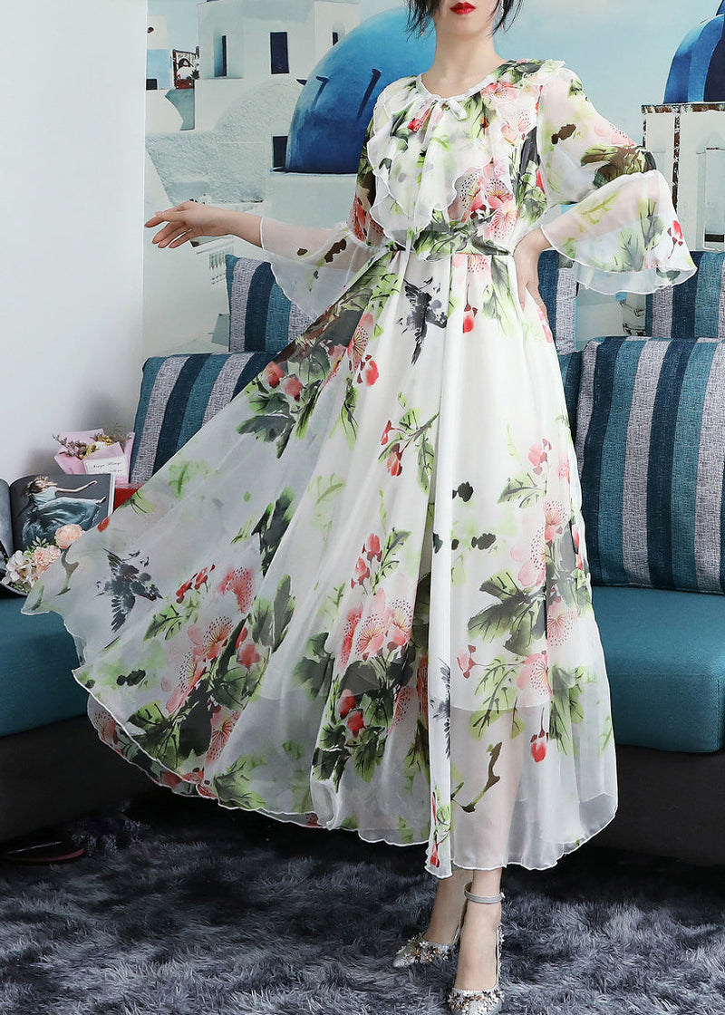White O-neck Bow Print Ruffled Chiffon Long Beach Dresses Long Sleeve