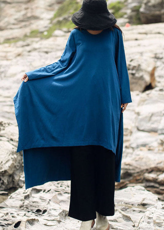 Simple Blue Asymmetrical Cotton Dress Spring
