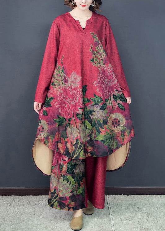 Loose Red Asymmetrical Print Silk Dress and Wide Leg Pants Two Pieces Set Spring