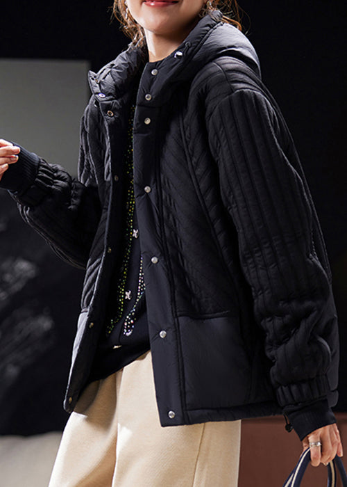 Black Hooded Button Cotton Filled Coat Long Sleeve