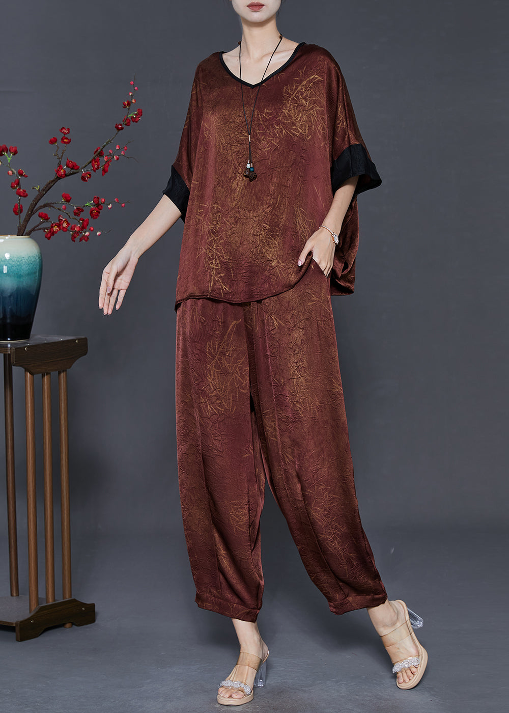 Brown Oversized Print Silk Two Pieces Set Summer