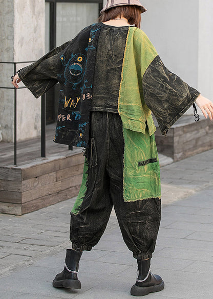 Modern Black O-neck Asymmetrical Design Patchwork Denim Tops and Harem Pants Two Piece Set Spring