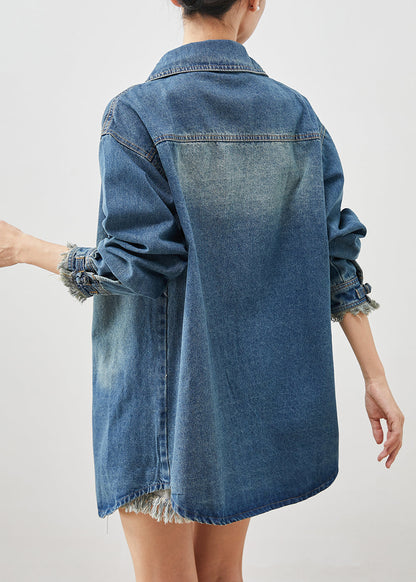 Denim Blue Chinese Button Cotton Coat Outwear Spring