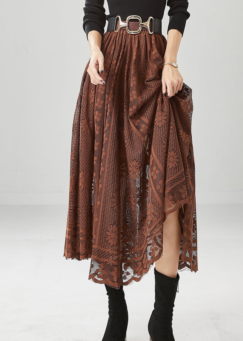 Coffee Hollow Out Exra Large Hem Lace Skirts Fall