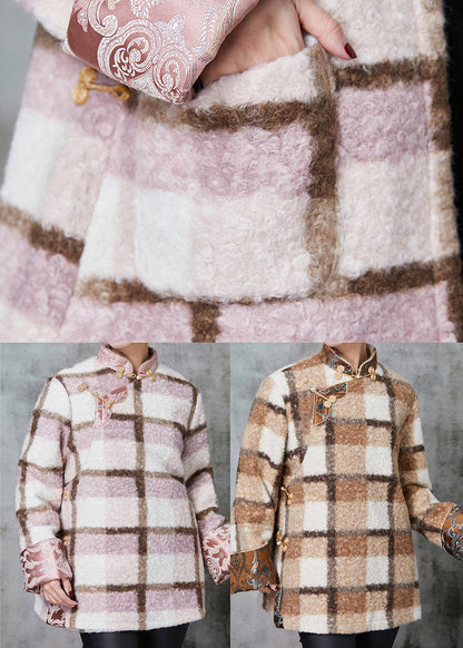 Pink Plaid Fine Cotton Filled Woolen Chinese Style Coats Spring