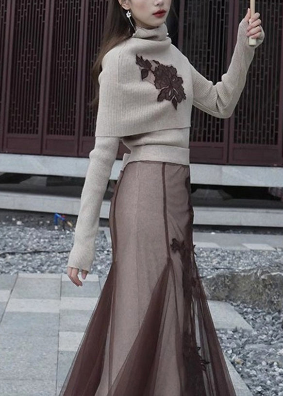 Art Khaki Embroideried Patchwork Silm Fit Knit Two Piece Top Set Winter