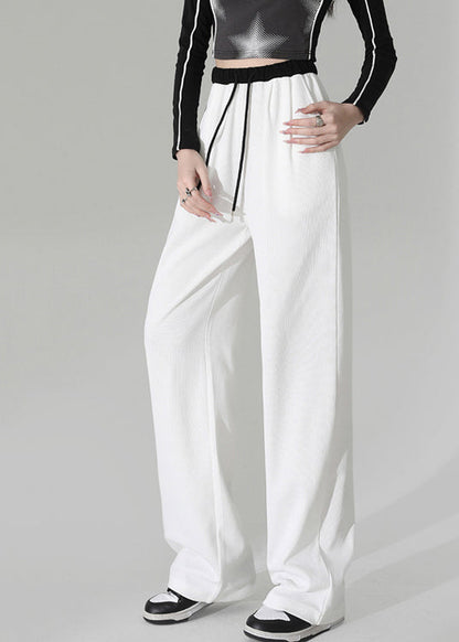 Pink Pockets Elastic Waist Cotton Straight Pants Spring