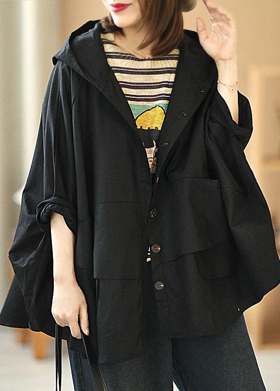 Art Black Loose Pockets Button Fall Hooded Coat Long Sleeve
