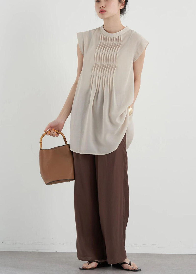 Apricot Slim Fit Pleated Cotton Long Shirt Sleeveless