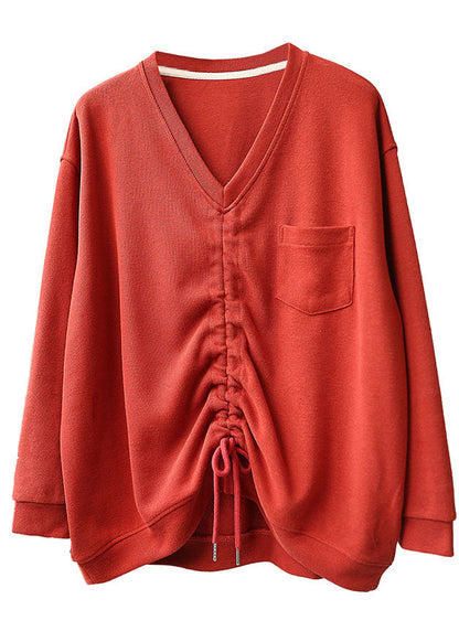 Red V Neck Pockets Drawstring Fall Loose Sweatshirts Top