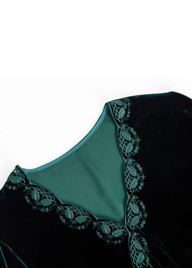 Black V Neck Embroideried Silk Velour Top Long Sleeve