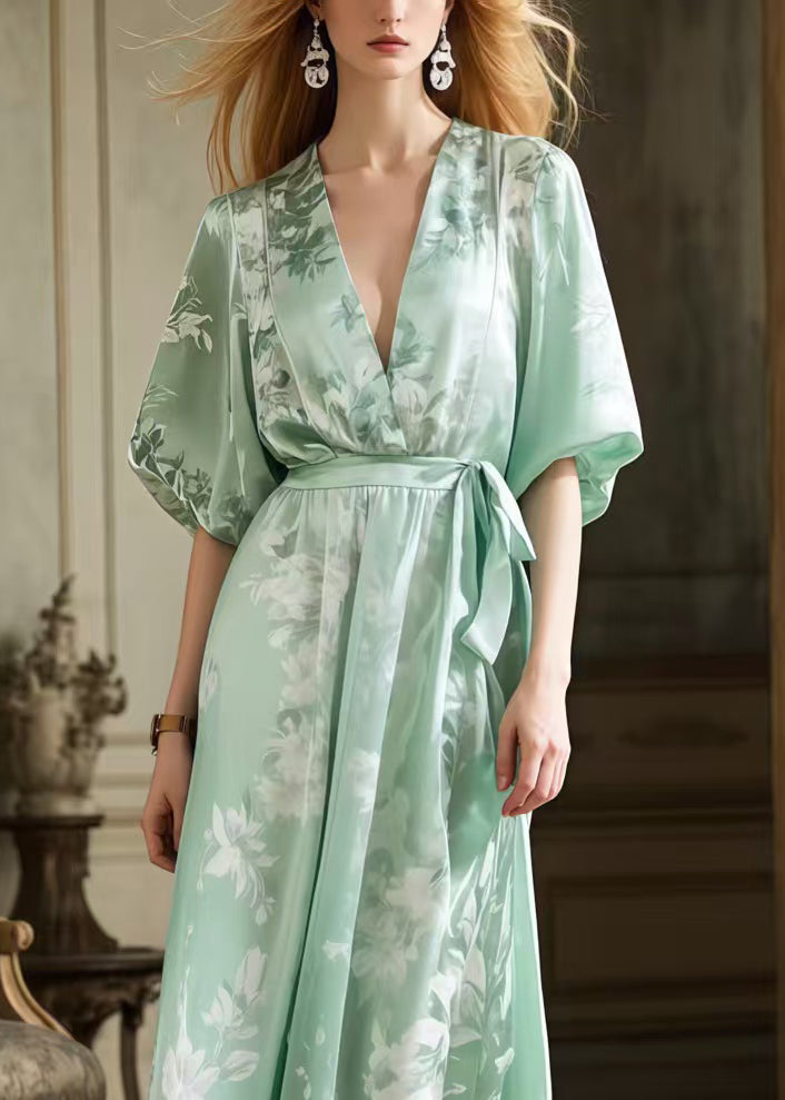 Light Green Tie Waist Print Silk Long Dress Summer