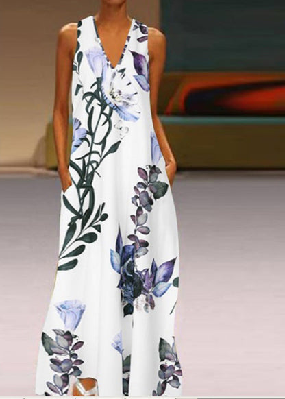 White V Neck Print Long Dresses Summer