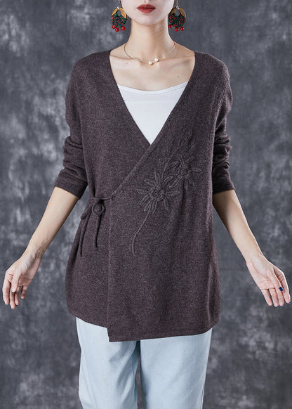 Chocolate Wool Knit Cardigan Embroideried Tie Waist Winter