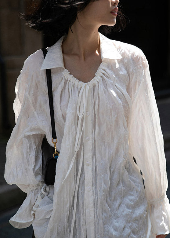 White Peter Pan Collar Wrinkled Neck Tie Button Shirts Long Sleeve