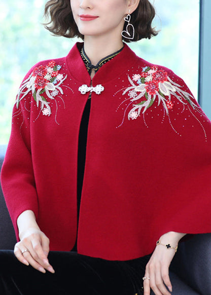Wine Red Stand Collar Embroideried Patchwork Woolen Coats Fall