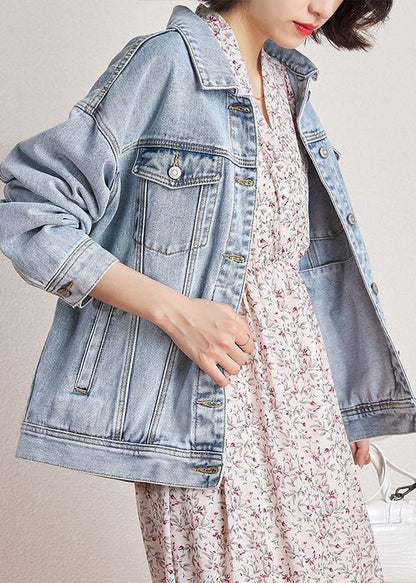 Light Blue Peter Pan Collar Oversized Pockets Denim Coats Spring