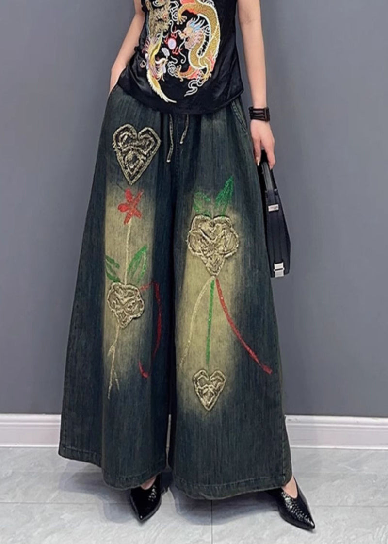 Embroideried Elastic Waist Wide Leg Jeans