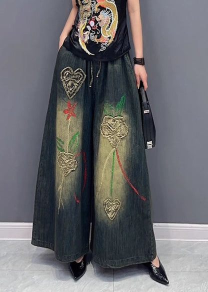Embroidered Elastic Waist Wide Leg Jeans