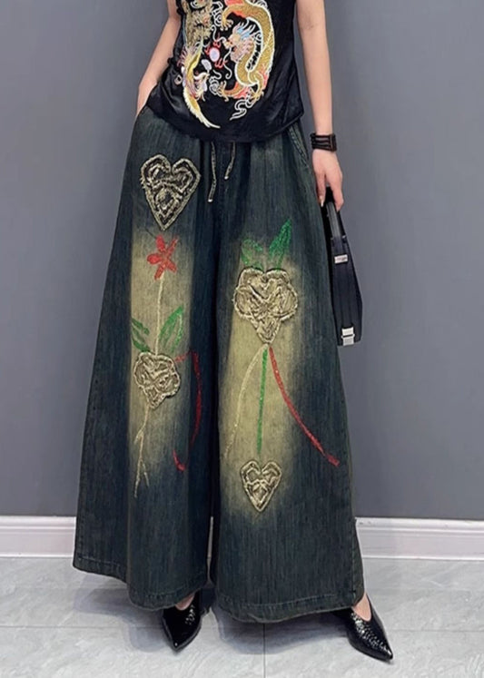 Embroidered Elastic Waist Wide Leg Jeans