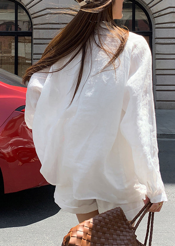 Loose White Long Sleeve Top and Shorts Cotton Blend Two Pieces Set