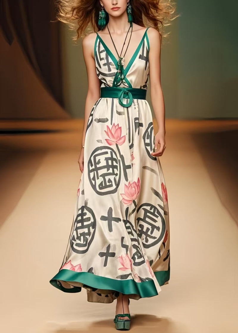 Khaki Cinched Print Silk Spaghetti Strap Dress Summer