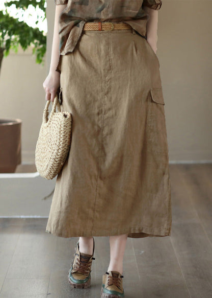 Classy Khaki Patchwork High Waist Linen a Line Skirts Summer