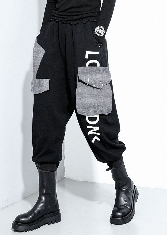 Black Pockets Cotton Harem Pants Spring