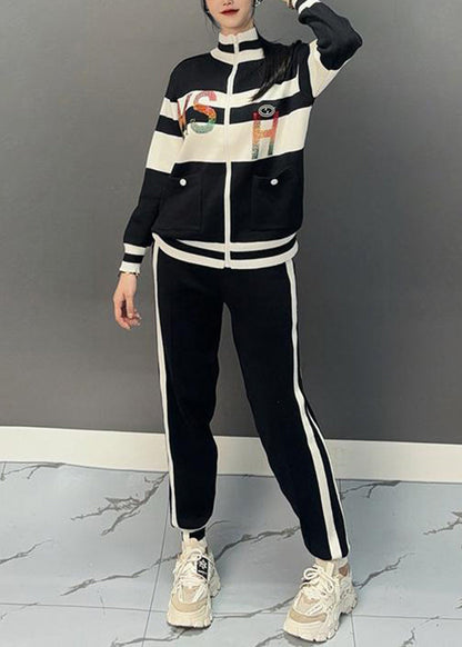 Vogue Black Turtleneck Patchwork Coats and Beam Pants Two Pieces Set Spring