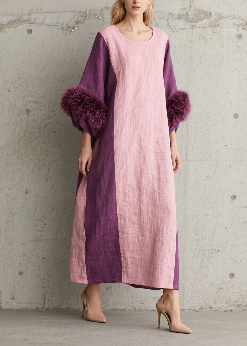 Colorblock Fuzzy Fur Patchwork Cotton Dresses Fall