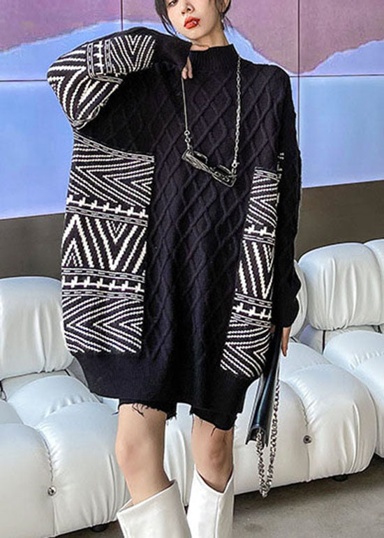 Black Stand Collar Jacquard Loose Fall Knit Sweaters