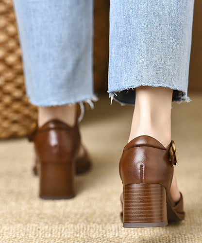 Brown Hollow Out Chunky Cowhide Leather Splicing Sandals