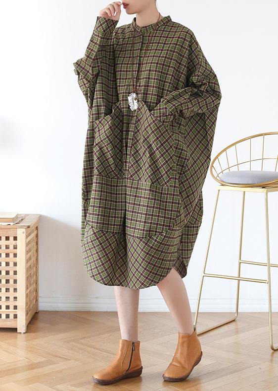 Green Plaid Long Shirt Mid Spring Cotton Dress