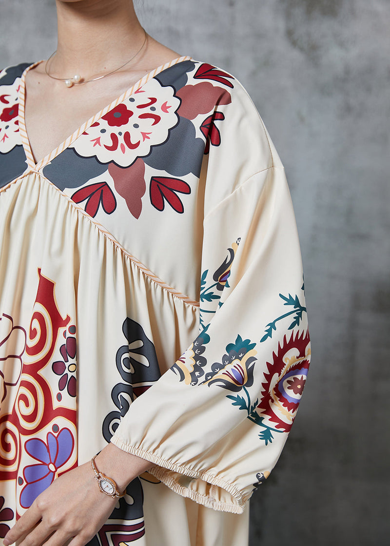 Khaki Oversized Print Cotton Vacation Dress Summer