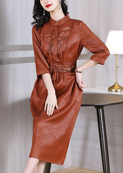 Orange Mandarin Collar Cinched Silk Dresses Half Sleeve