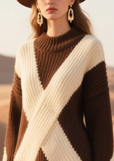 Brown Oversized Patchwork Lace Knit Sweater Dress Winter
