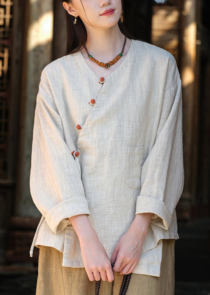 Button Lace Up Asymmetrical Cotton Blouse Tops Fall