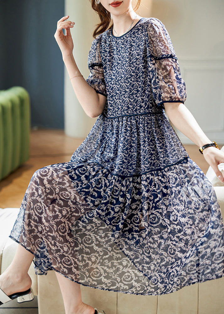 Navy O Neck Print Patchwork Chiffon Dresses Summer