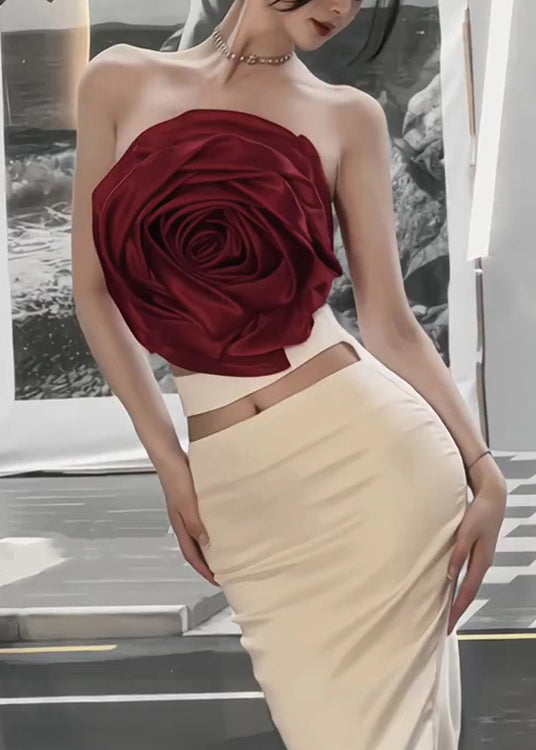 Red Tank and Beige Skirts Cotton Two Pieces Set Sleeveless Summer