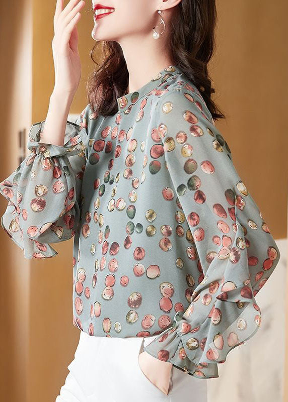 Light Green O-neck Asymmetrical Print Chiffon Shirt Top Spring