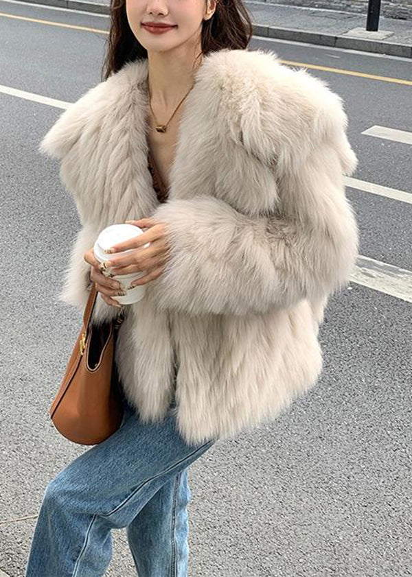 Stylish Apricot Peter Pan Collar Leather and Fur Coats Spring