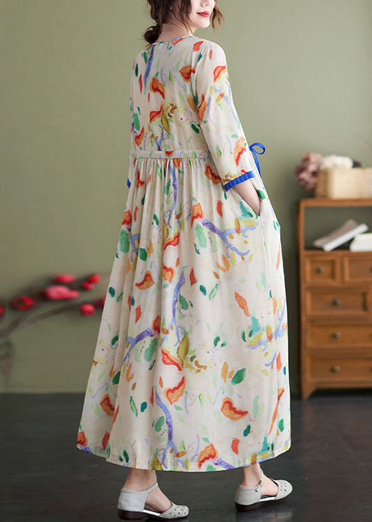 Apricot V Neck Tie Waist Print Pockets Cotton Cinch Dress Bracelet Sleeve