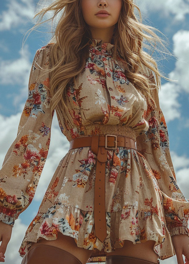 Ruffled Print Patchwork Cotton Mini Dress Long Sleeve
