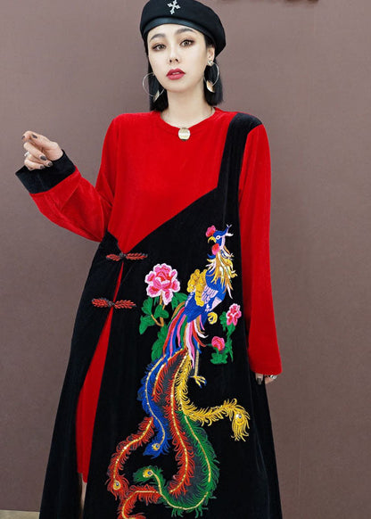 Red Oriental Embroideried Patchwork Velour Long Dresses Spring